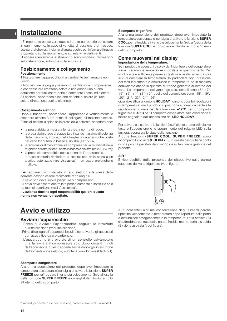 Installazione, Avvio e utilizzo, Posizionamento e collegamento | Avviare l’apparecchio, Come muoversi nel display | Hotpoint Ariston BCB 3xx AA E xx User Manual | Page 18 / 56