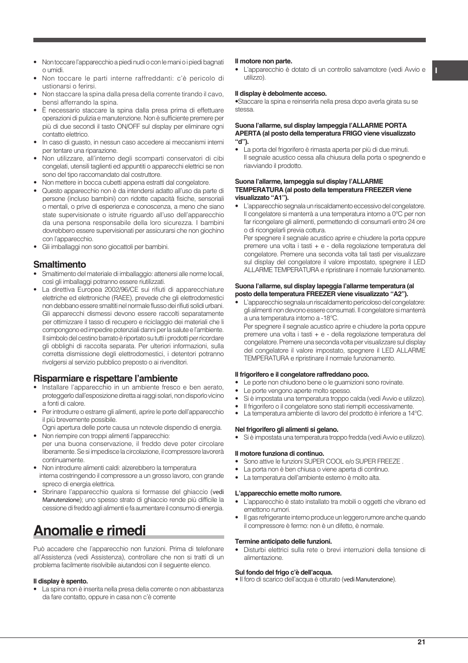 Anomalie e rimedi, Smaltimento, Risparmiare e rispettare l’ambiente | Hotpoint Ariston BCB 3xx AA E xx User Manual | Page 21 / 56