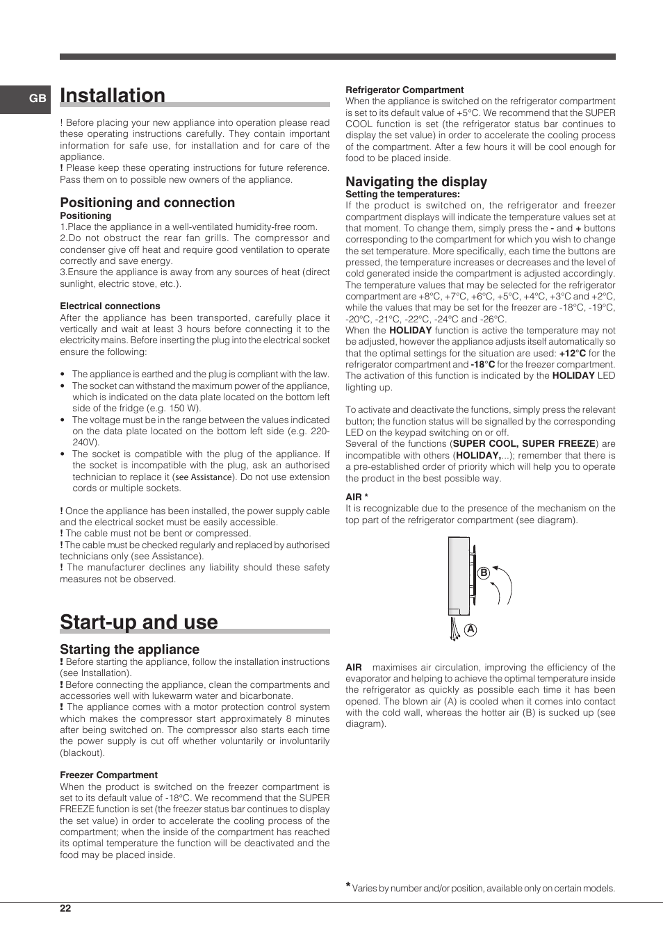 Installation, Start-up and use, Positioning and connection | Starting the appliance, Navigating the display | Hotpoint Ariston BCB 3xx AA E xx User Manual | Page 22 / 56