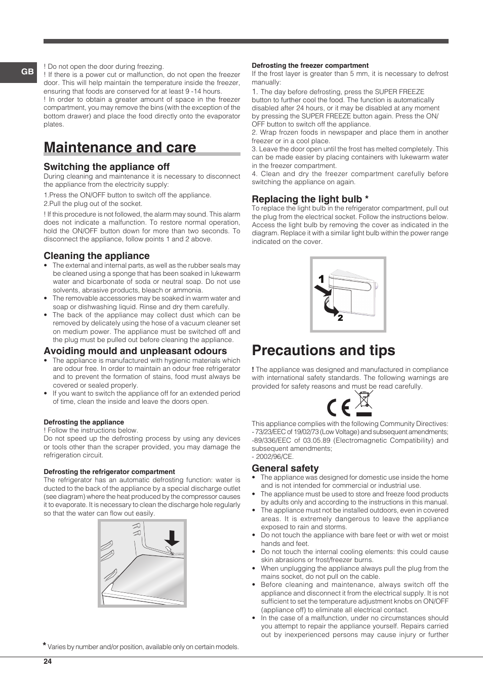 Maintenance and care, Precautions and tips, Switching the appliance off | Cleaning the appliance, Avoiding mould and unpleasant odours, Replacing the light bulb, General safety | Hotpoint Ariston BCB 3xx AA E xx User Manual | Page 24 / 56