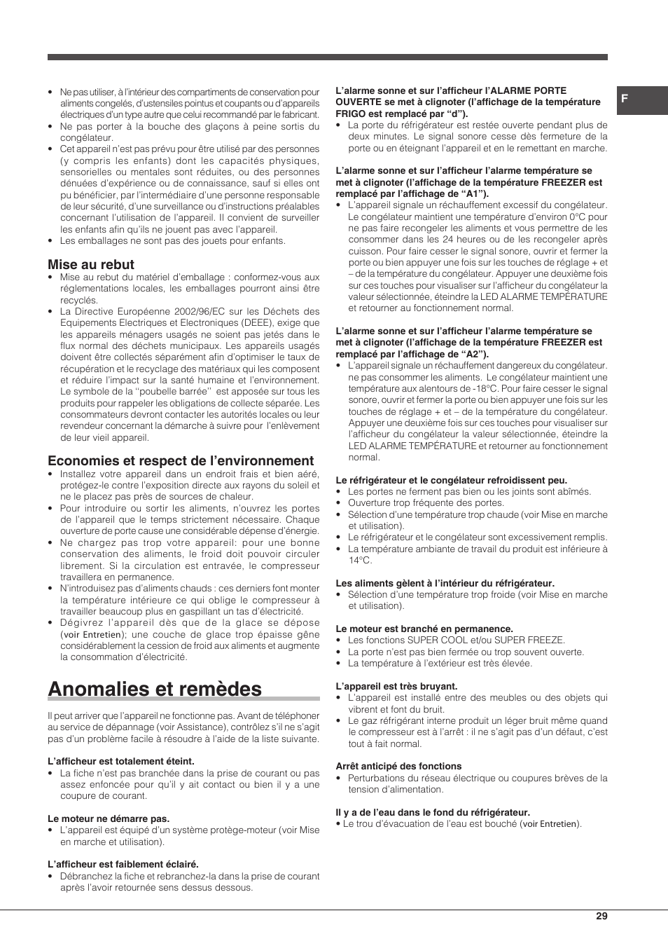 Anomalies et remèdes, Mise au rebut, Economies et respect de l’environnement | Hotpoint Ariston BCB 3xx AA E xx User Manual | Page 29 / 56