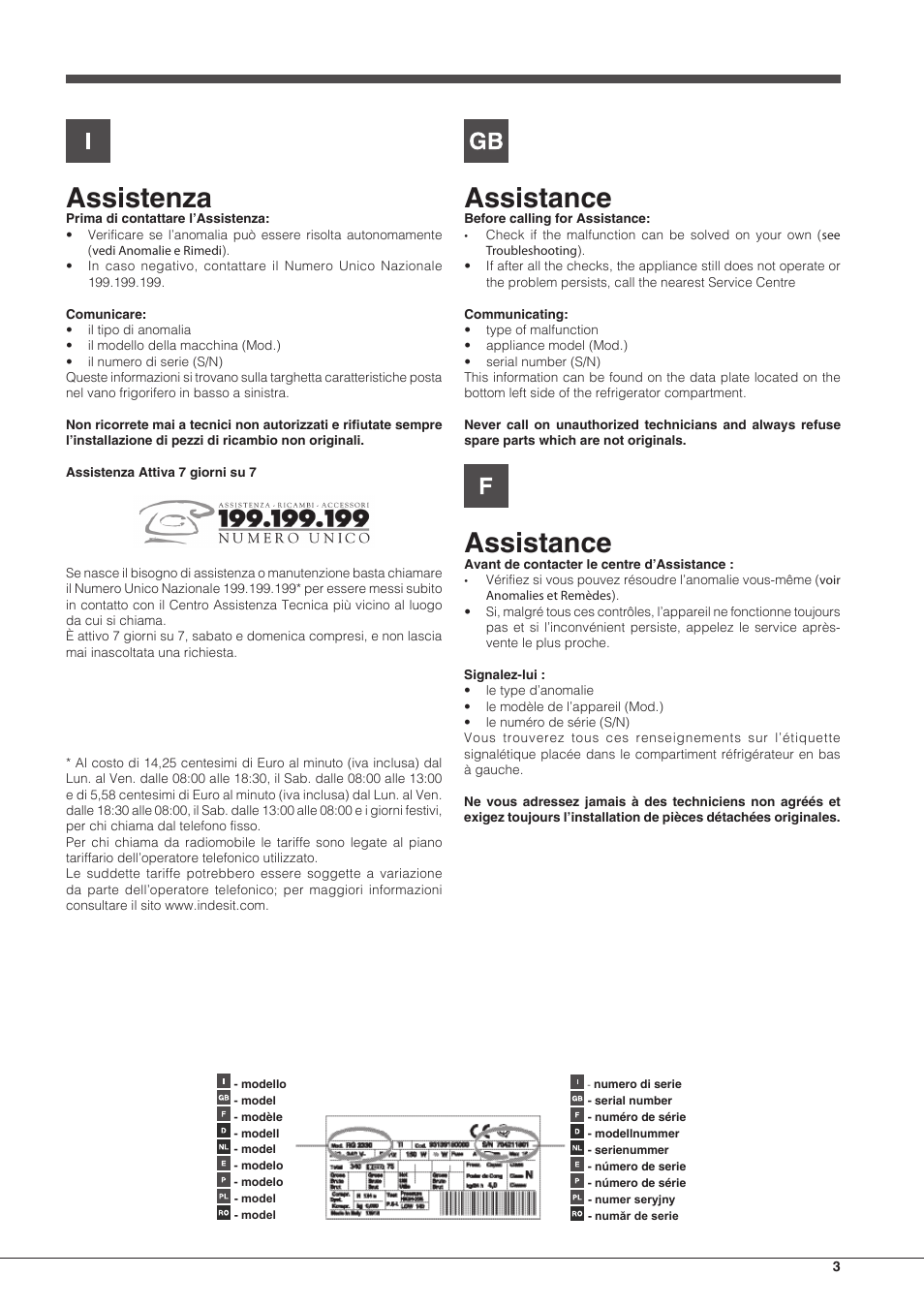 Assistenza, Assistance | Hotpoint Ariston BCB 3xx AA E xx User Manual | Page 3 / 56