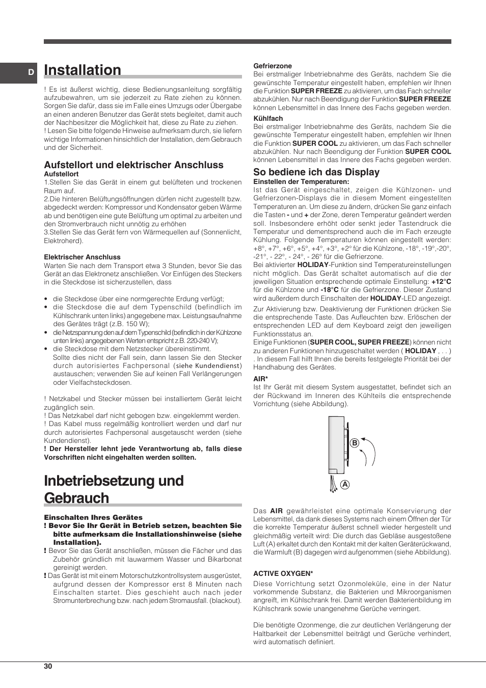 Installation, Inbetriebsetzung und gebrauch, Aufstellort und elektrischer anschluss | So bediene ich das display | Hotpoint Ariston BCB 3xx AA E xx User Manual | Page 30 / 56