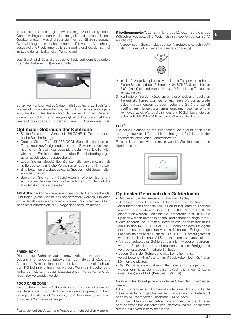 Optimaler gebrauch der kühlzone, Optimaler gebrauch des gefrierfachs | Hotpoint Ariston BCB 3xx AA E xx User Manual | Page 31 / 56