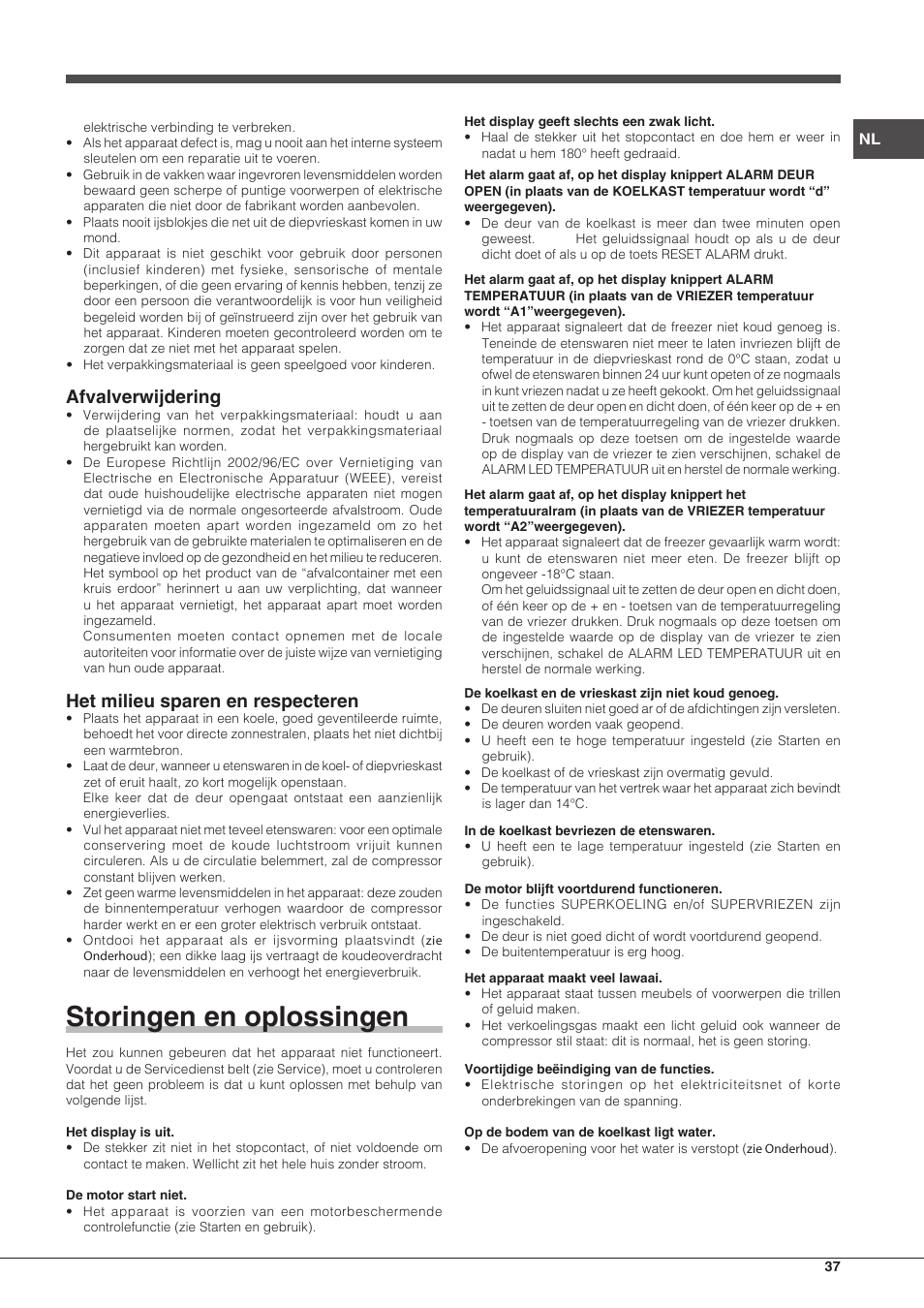 Storingen en oplossingen, Afvalverwijdering, Het milieu sparen en respecteren | Hotpoint Ariston BCB 3xx AA E xx User Manual | Page 37 / 56