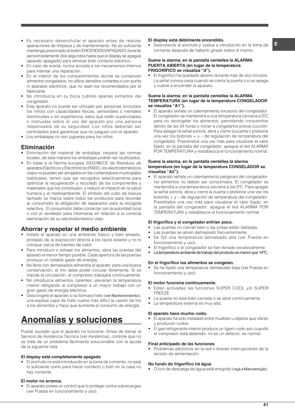 Anomalías y soluciones, Eliminación, Ahorrar y respetar el medio ambiente | Hotpoint Ariston BCB 3xx AA E xx User Manual | Page 41 / 56