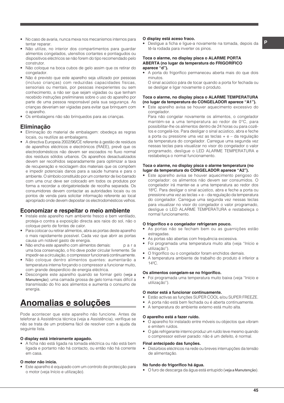 Anomalias e soluções, Eliminação, Economizar e respeitar o meio ambiente | Hotpoint Ariston BCB 3xx AA E xx User Manual | Page 45 / 56