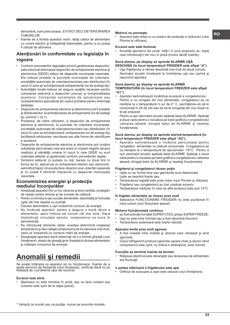 Anomalii şi remedii | Hotpoint Ariston BCB 3xx AA E xx User Manual | Page 53 / 56