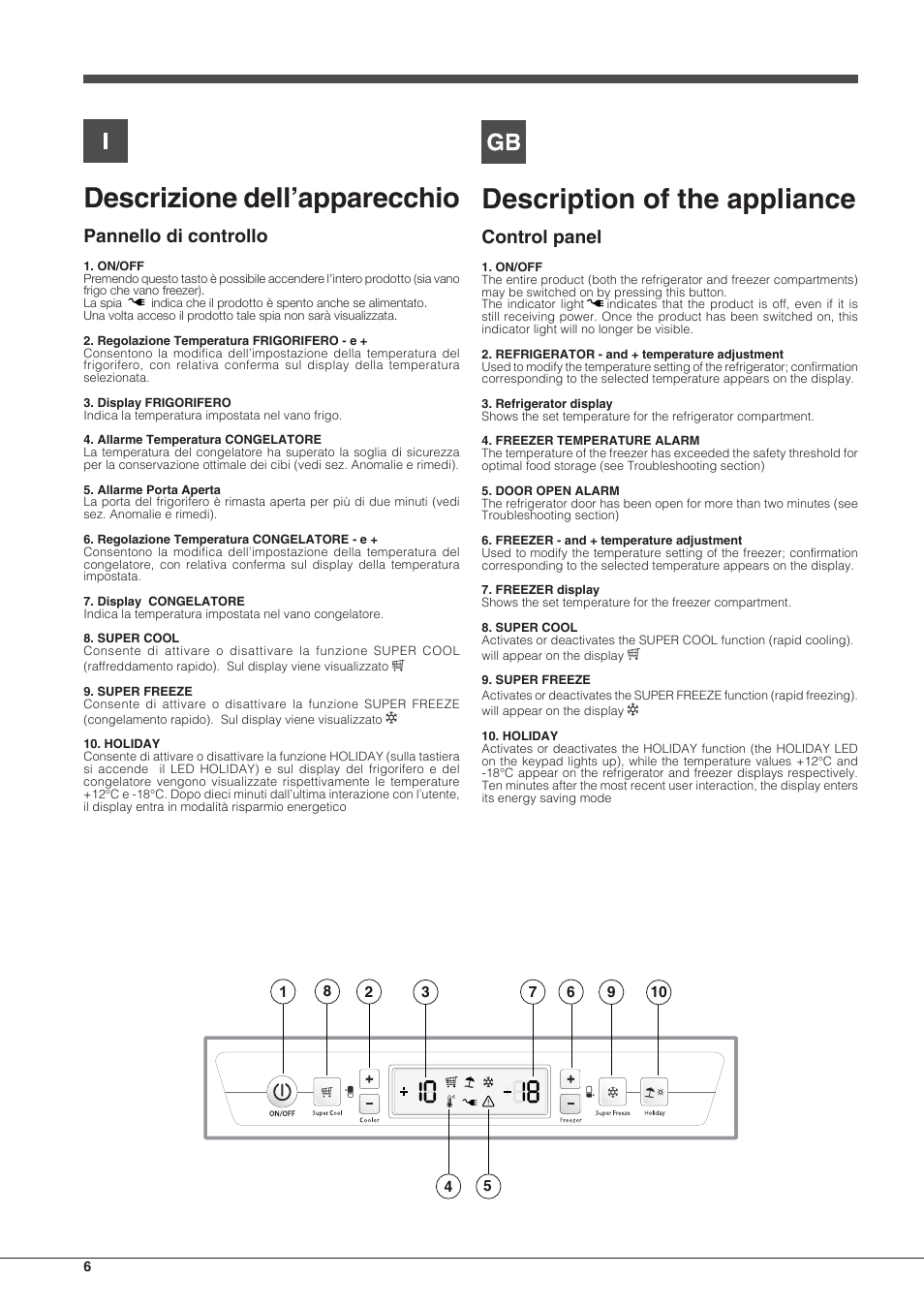 Descrizione dell’apparecchio, Description of the appliance, Pannello di controllo | Control panel | Hotpoint Ariston BCB 3xx AA E xx User Manual | Page 6 / 56