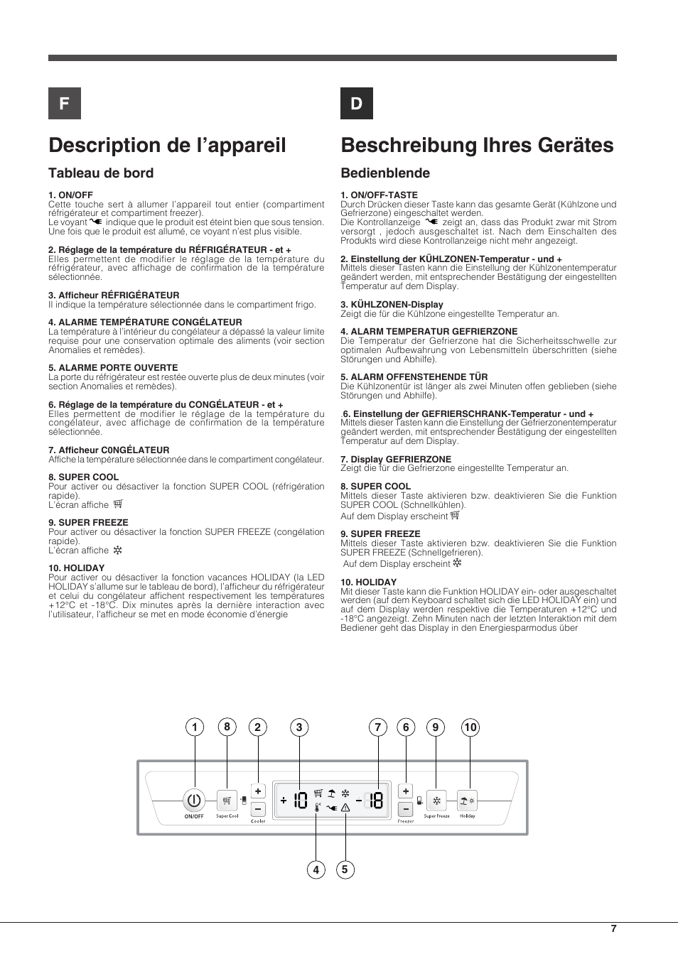Description de l’appareil, Beschreibung ihres gerätes, Tableau de bord | Bedienblende | Hotpoint Ariston BCB 3xx AA E xx User Manual | Page 7 / 56