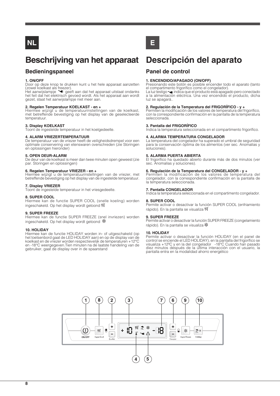 Beschrijving van het apparaat, Descripción del aparato, Bedieningspaneel | Panel de control | Hotpoint Ariston BCB 3xx AA E xx User Manual | Page 8 / 56