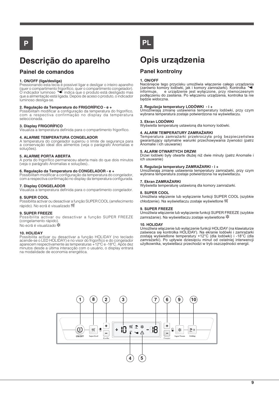 Descrição do aparelho, Opis urządzenia, Painel de comandos | Panel kontrolny | Hotpoint Ariston BCB 3xx AA E xx User Manual | Page 9 / 56