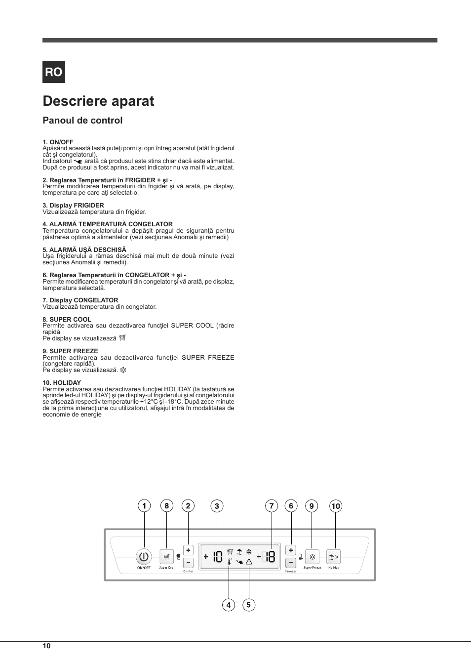 Descriere aparat, Panoul de control | Hotpoint Ariston BCB 3xx AA F xx User Manual | Page 10 / 56