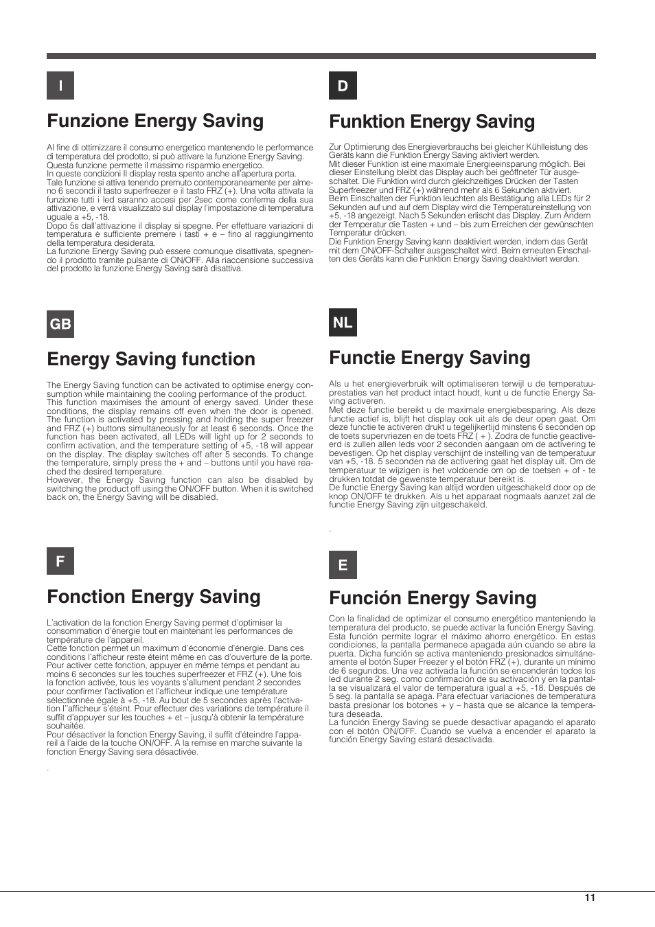 Funzione energy saving, Energy saving function, Fonction energy saving | Funktion energy saving, Functie energy saving, Función energy saving | Hotpoint Ariston BCB 3xx AA F xx User Manual | Page 11 / 56