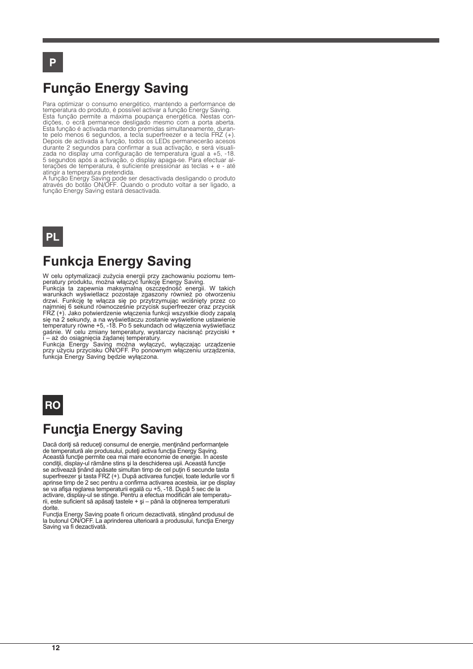 Função energy saving, Funkcja energy saving, Funcţia energy saving | Hotpoint Ariston BCB 3xx AA F xx User Manual | Page 12 / 56
