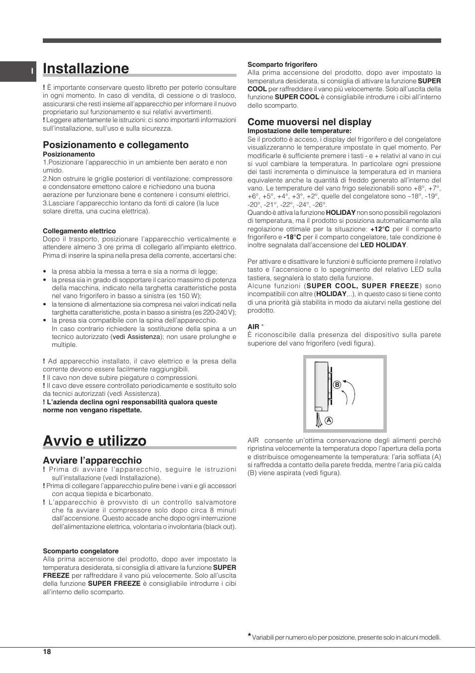 Installazione, Avvio e utilizzo, Posizionamento e collegamento | Avviare l’apparecchio, Come muoversi nel display | Hotpoint Ariston BCB 3xx AA F xx User Manual | Page 18 / 56
