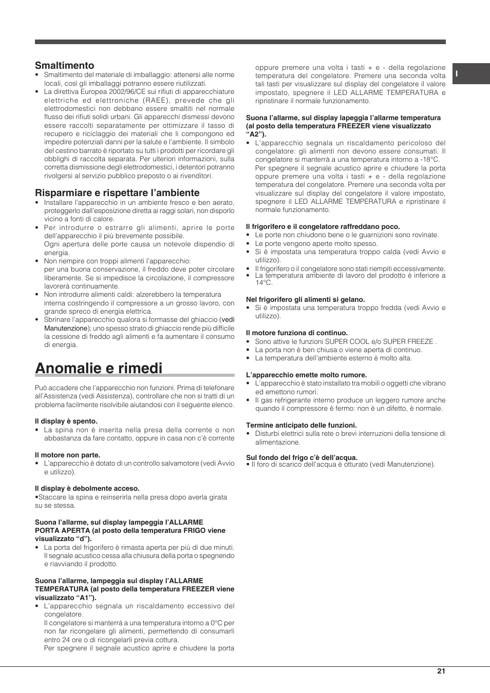 Anomalie e rimedi, Smaltimento, Risparmiare e rispettare l’ambiente | Hotpoint Ariston BCB 3xx AA F xx User Manual | Page 21 / 56