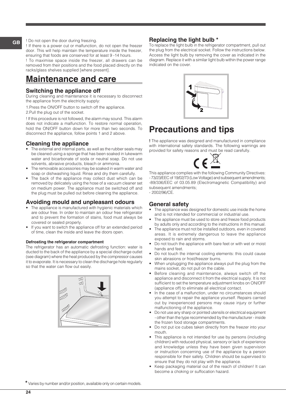 Maintenance and care, Precautions and tips, Switching the appliance off | Cleaning the appliance, Avoiding mould and unpleasant odours, Replacing the light bulb, General safety | Hotpoint Ariston BCB 3xx AA F xx User Manual | Page 24 / 56