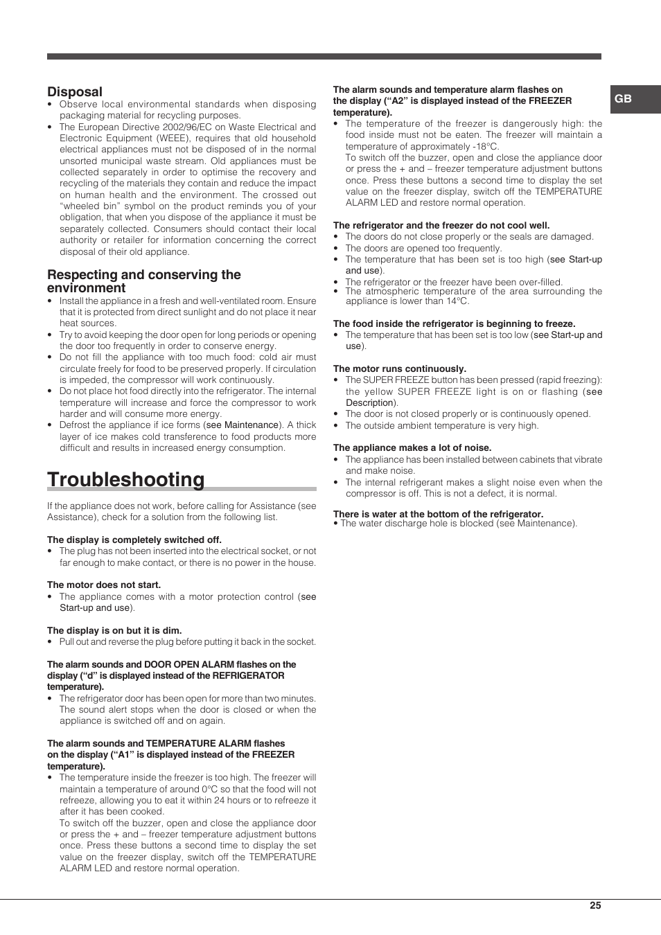 Troubleshooting, Disposal, Respecting and conserving the environment | Hotpoint Ariston BCB 3xx AA F xx User Manual | Page 25 / 56