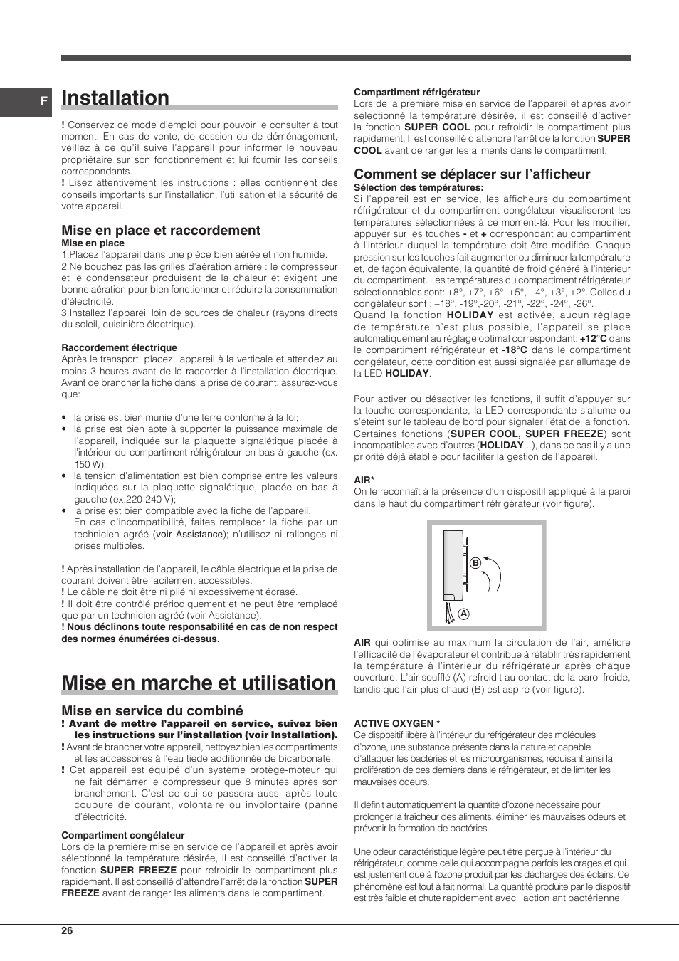 Installation, Mise en marche et utilisation, Mise en place et raccordement | Mise en service du combiné, Comment se déplacer sur l’afficheur | Hotpoint Ariston BCB 3xx AA F xx User Manual | Page 26 / 56