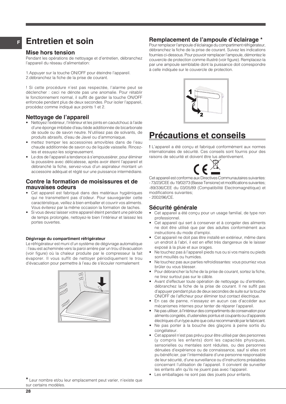 Entretien et soin, Précautions et conseils, Mise hors tension | Nettoyage de l’appareil, Remplacement de l’ampoule d’éclairage, Sécurité générale | Hotpoint Ariston BCB 3xx AA F xx User Manual | Page 28 / 56