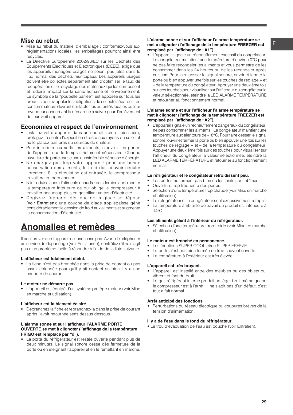 Anomalies et remèdes, Mise au rebut, Economies et respect de l’environnement | Hotpoint Ariston BCB 3xx AA F xx User Manual | Page 29 / 56