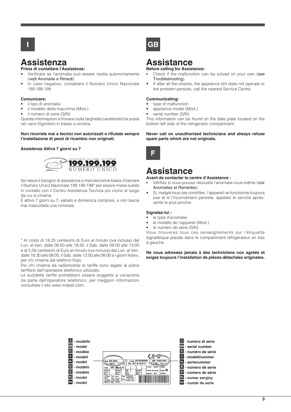 Assistenza, Assistance | Hotpoint Ariston BCB 3xx AA F xx User Manual | Page 3 / 56
