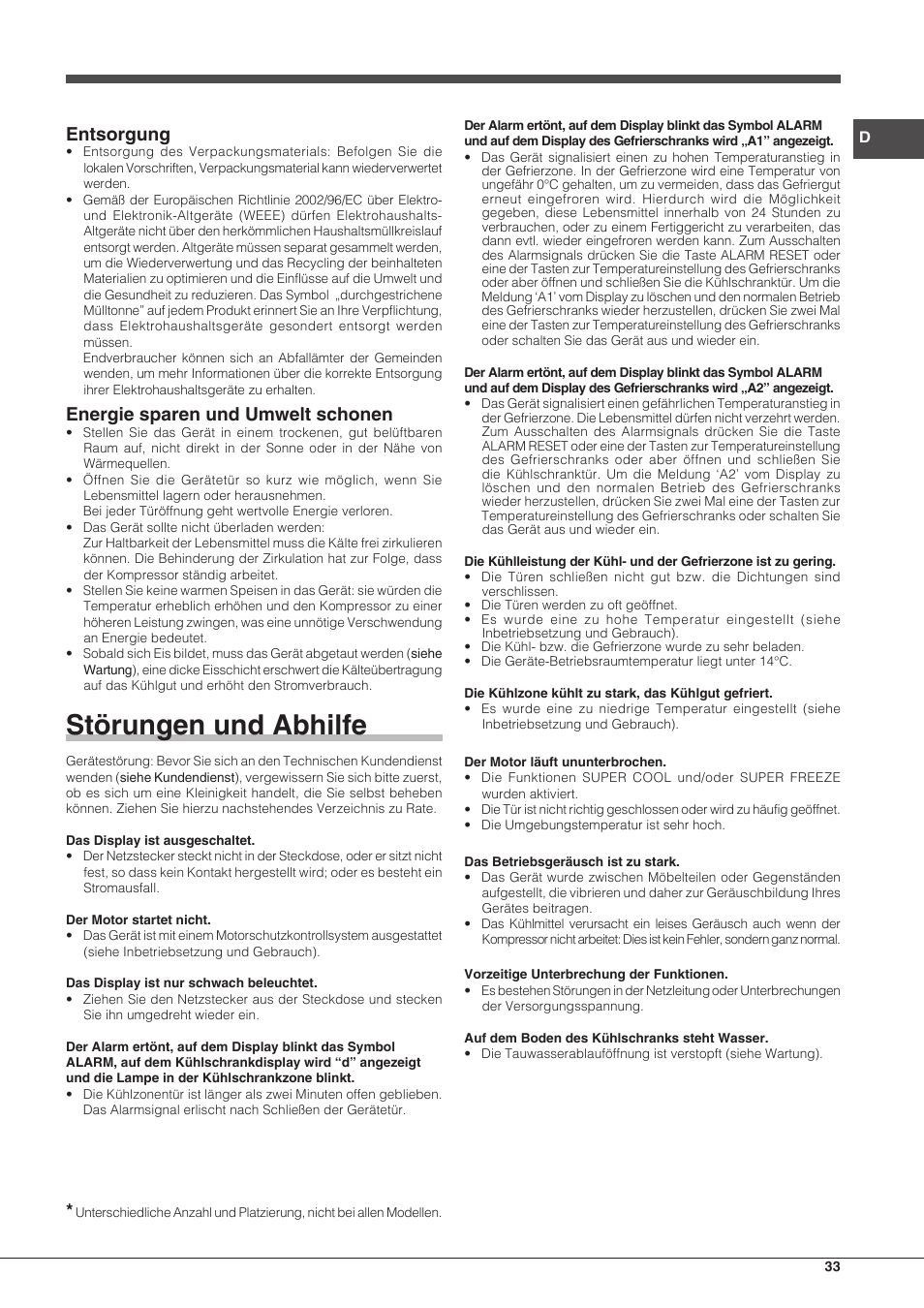 Störungen und abhilfe, Entsorgung, Energie sparen und umwelt schonen | Hotpoint Ariston BCB 3xx AA F xx User Manual | Page 33 / 56