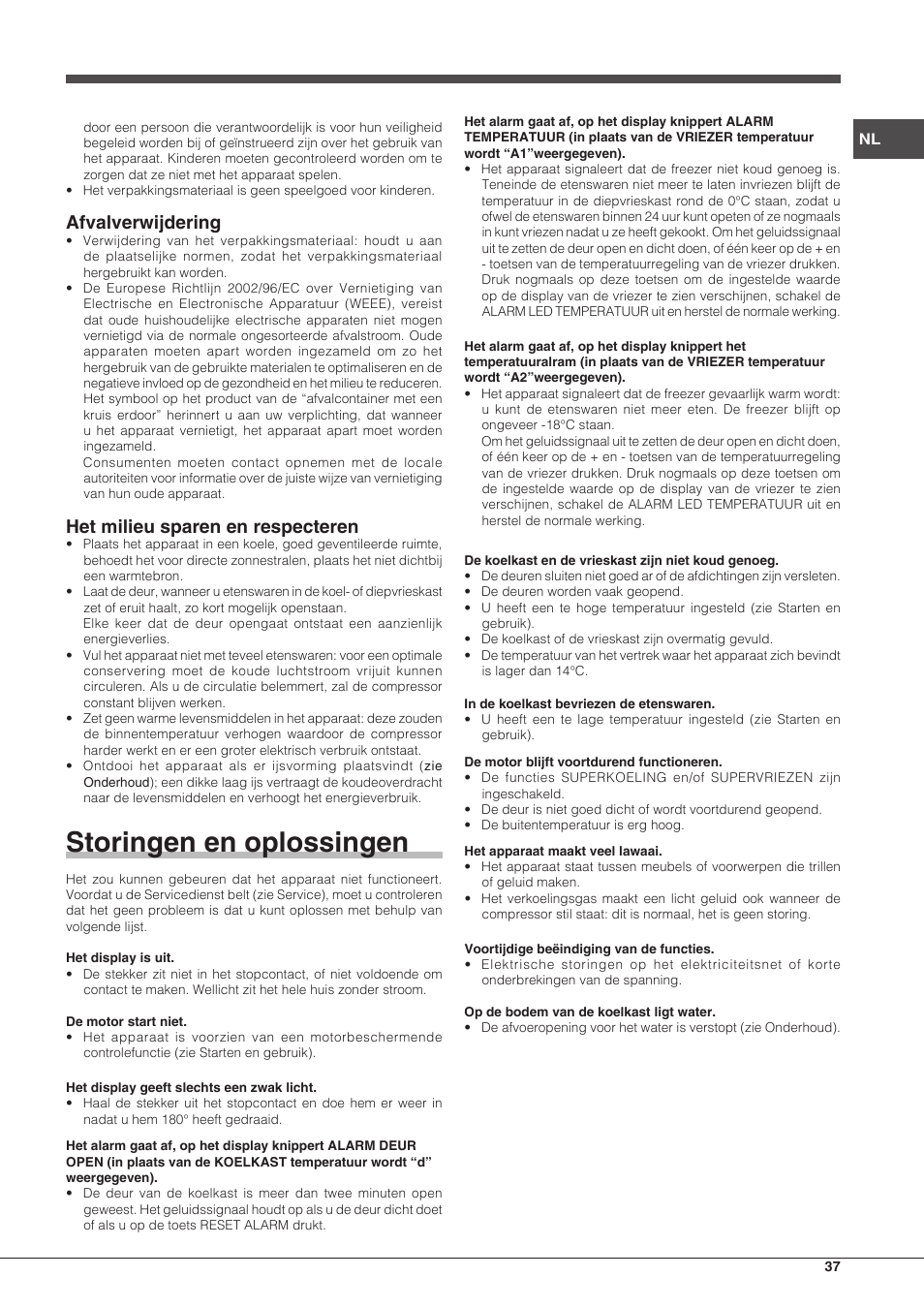 Storingen en oplossingen, Afvalverwijdering, Het milieu sparen en respecteren | Hotpoint Ariston BCB 3xx AA F xx User Manual | Page 37 / 56
