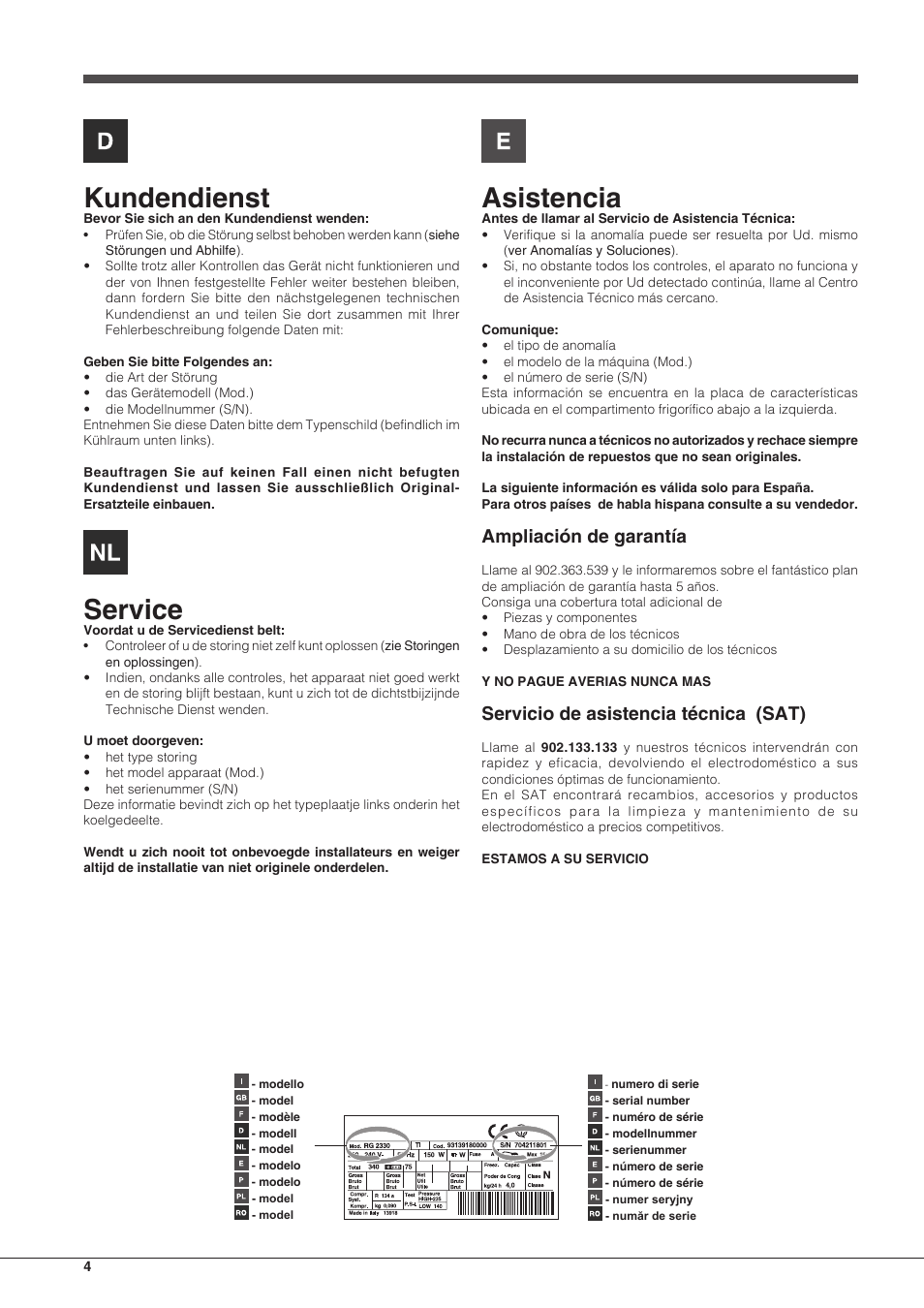Kundendienst, Service, Asistencia | Ampliación de garantía, Servicio de asistencia técnica (sat) | Hotpoint Ariston BCB 3xx AA F xx User Manual | Page 4 / 56