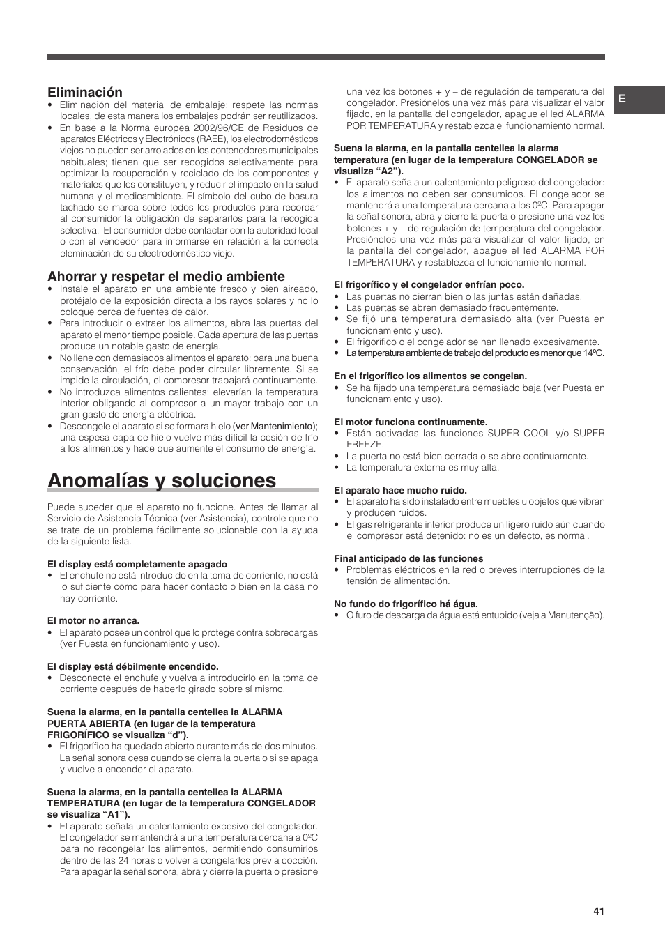 Anomalías y soluciones, Eliminación, Ahorrar y respetar el medio ambiente | Hotpoint Ariston BCB 3xx AA F xx User Manual | Page 41 / 56