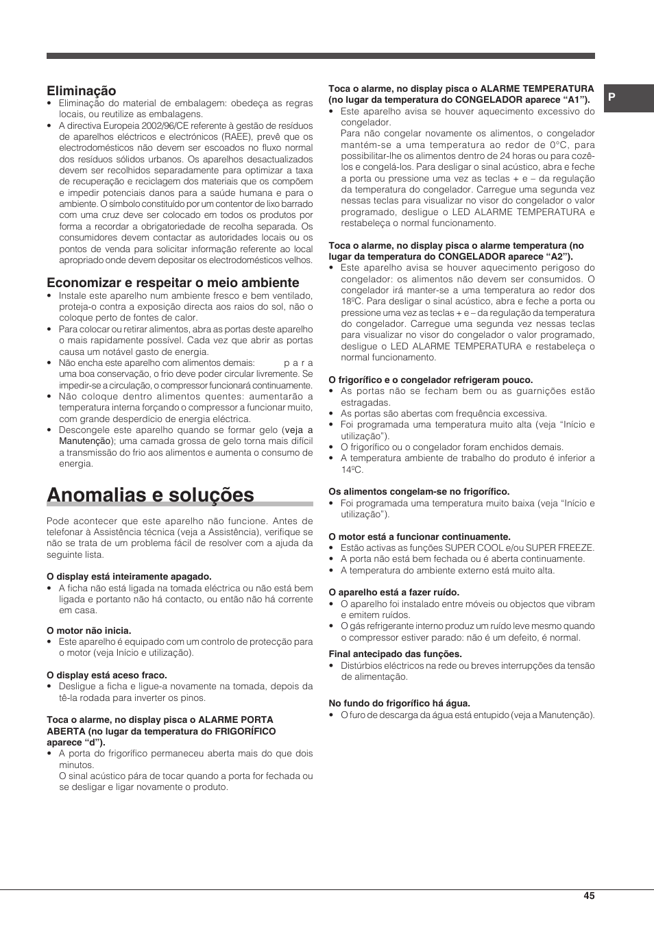Anomalias e soluções, Eliminação, Economizar e respeitar o meio ambiente | Hotpoint Ariston BCB 3xx AA F xx User Manual | Page 45 / 56