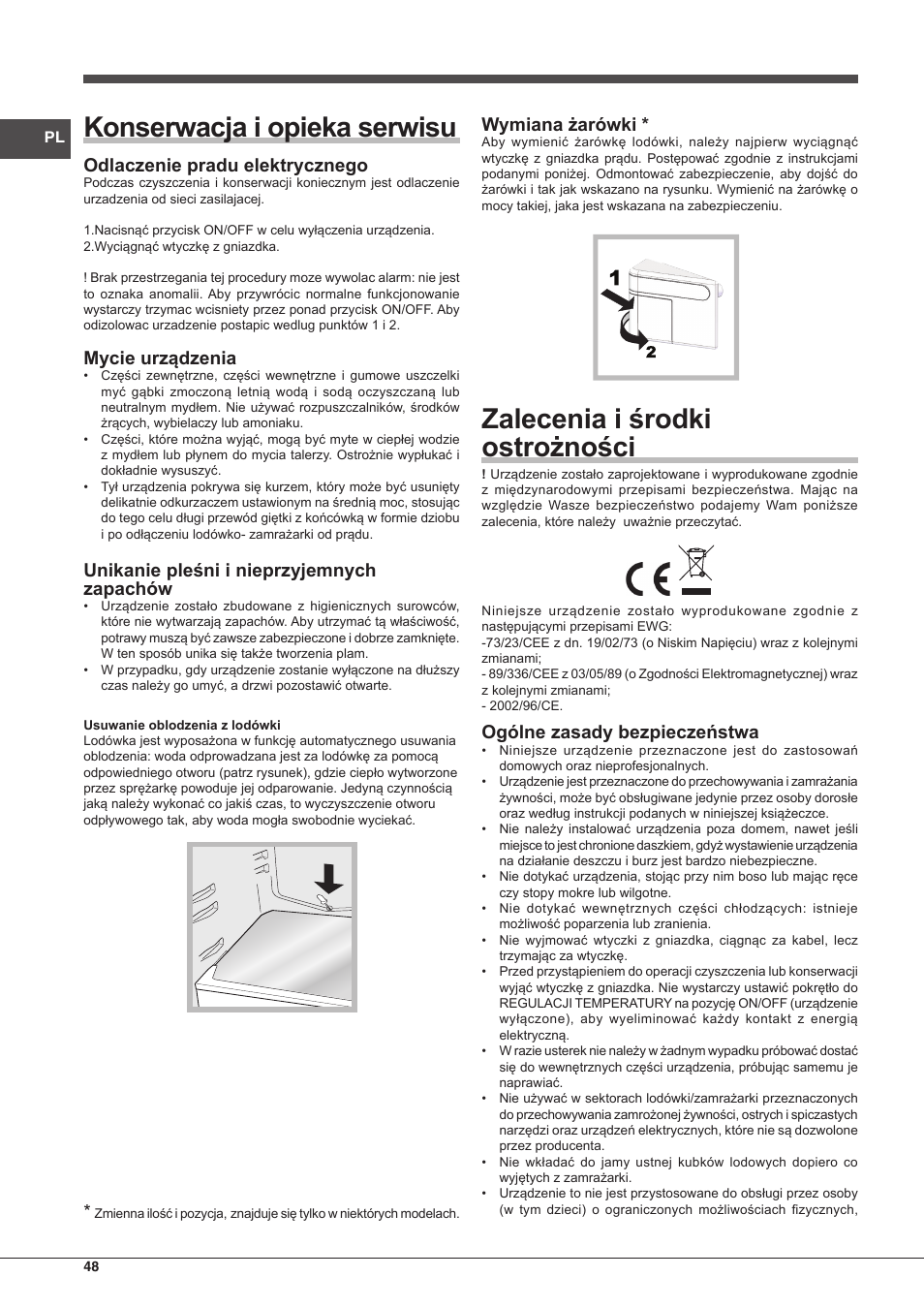 Konserwacja i opieka serwisu, Zalecenia i środki ostrożności, Odlaczenie pradu elektrycznego | Mycie urządzenia, Unikanie pleśni i nieprzyjemnych zapachów, Wymiana żarówki, Ogólne zasady bezpieczeństwa | Hotpoint Ariston BCB 3xx AA F xx User Manual | Page 48 / 56