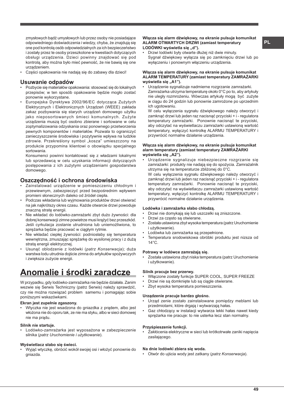 Anomalie i środki zaradcze, Usuwanie odpadów, Oszczędność i ochrona środowiska | Hotpoint Ariston BCB 3xx AA F xx User Manual | Page 49 / 56