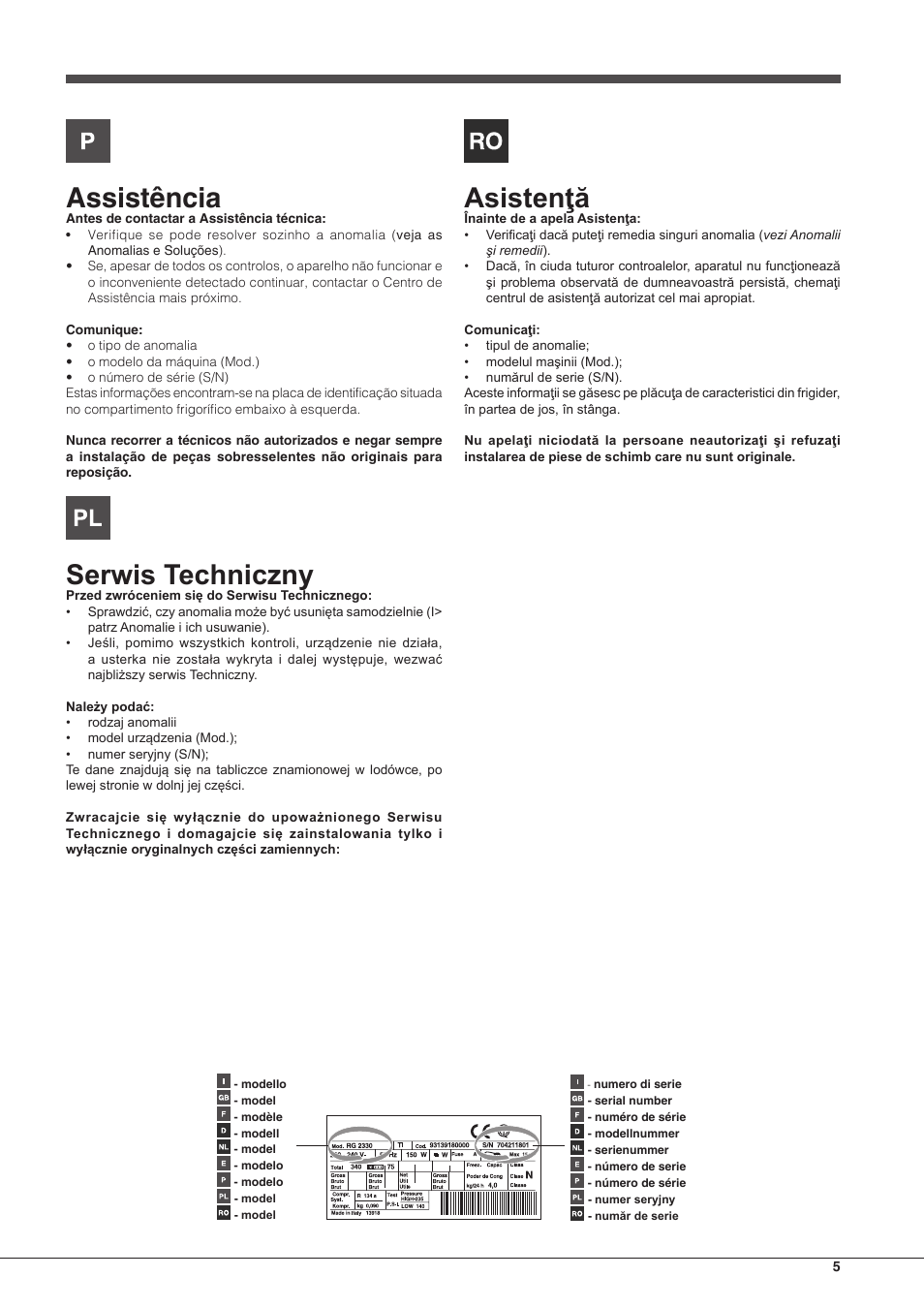 Assistência, Serwis techniczny, Asistenţă | Hotpoint Ariston BCB 3xx AA F xx User Manual | Page 5 / 56