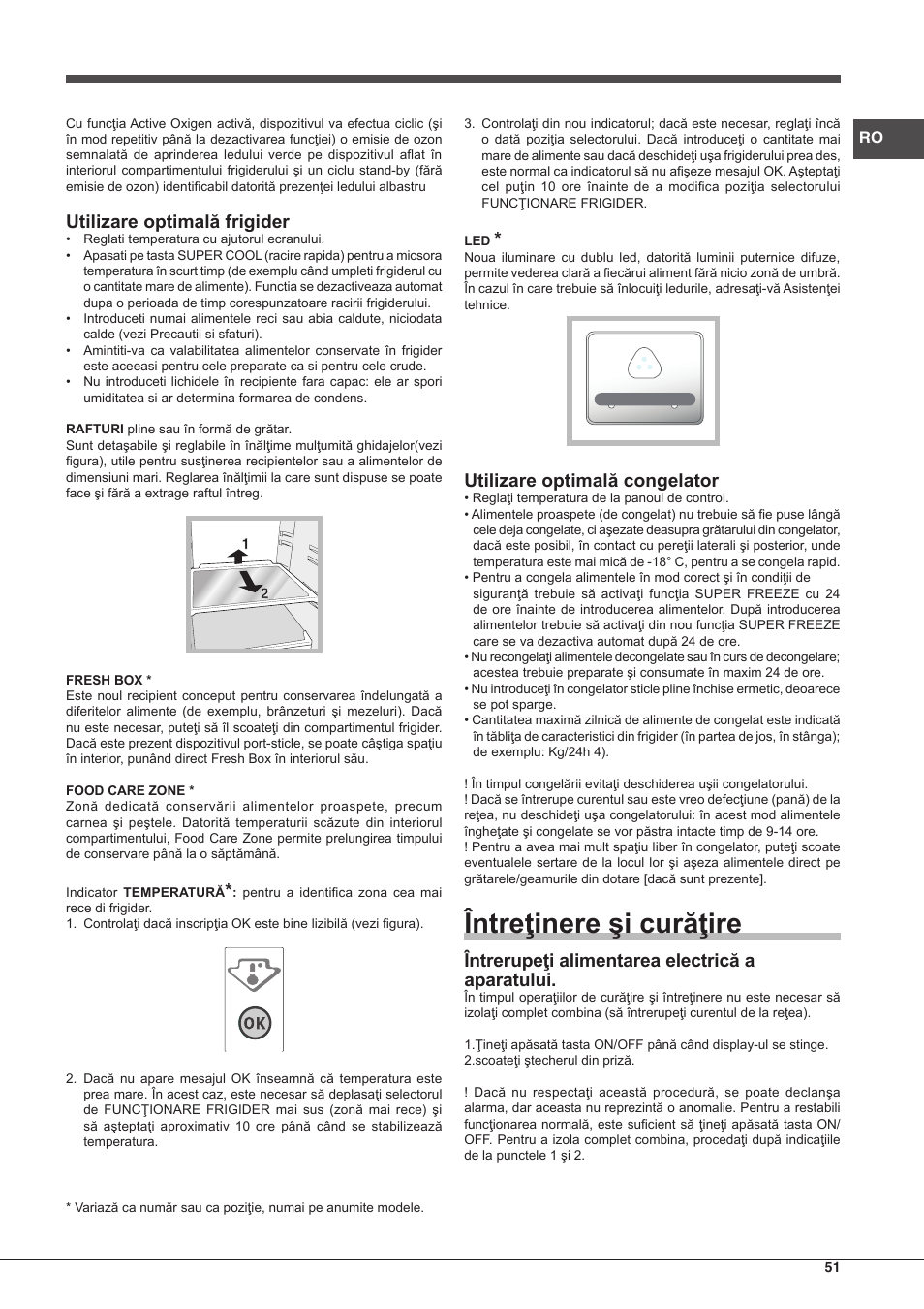 Întreţinere şi curăţire, Utilizare optimală frigider, Utilizare optimală congelator | Întrerupeţi alimentarea electrică a aparatului | Hotpoint Ariston BCB 3xx AA F xx User Manual | Page 51 / 56
