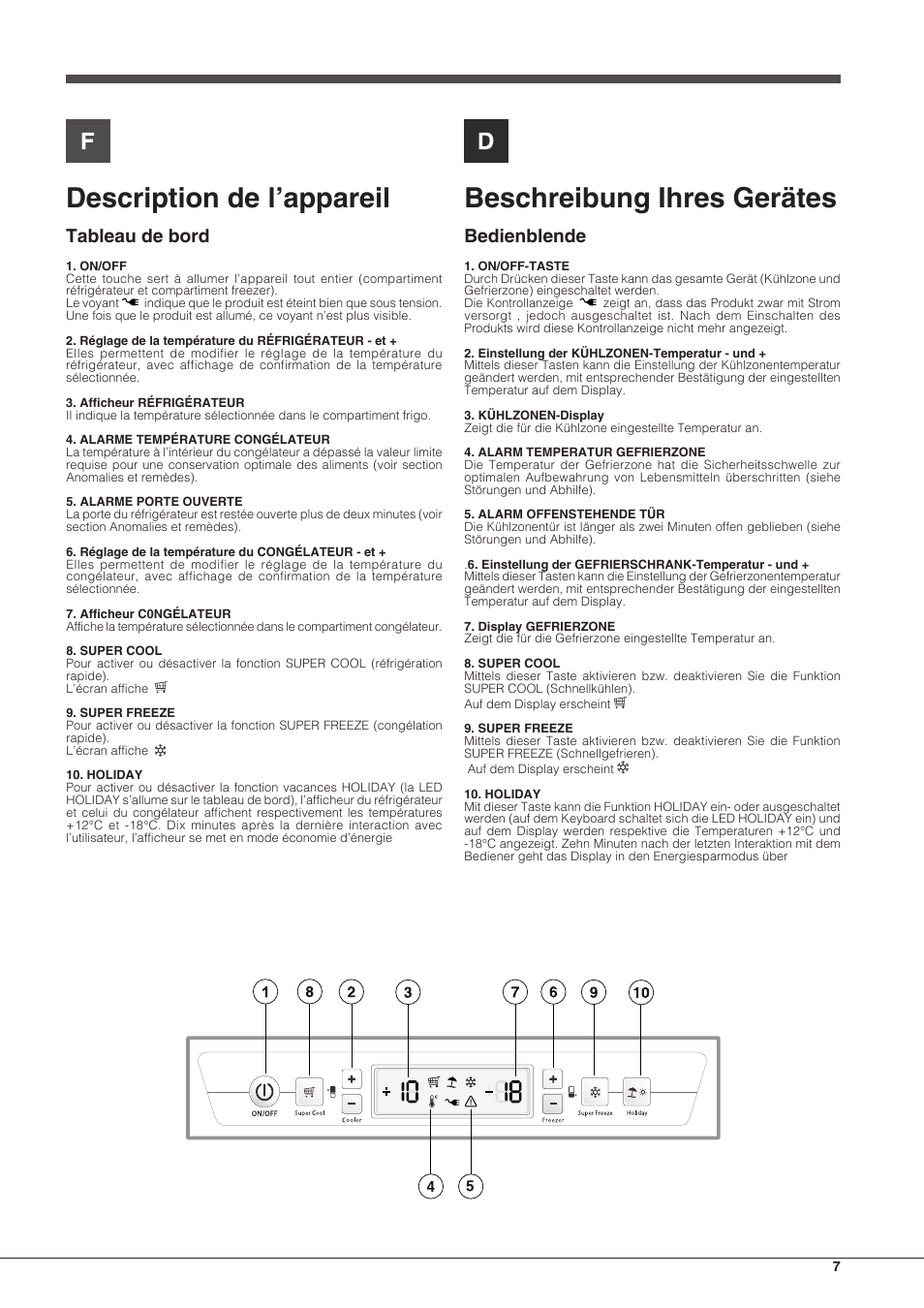 Description de l’appareil, Beschreibung ihres gerätes, Tableau de bord | Bedienblende | Hotpoint Ariston BCB 3xx AA F xx User Manual | Page 7 / 56