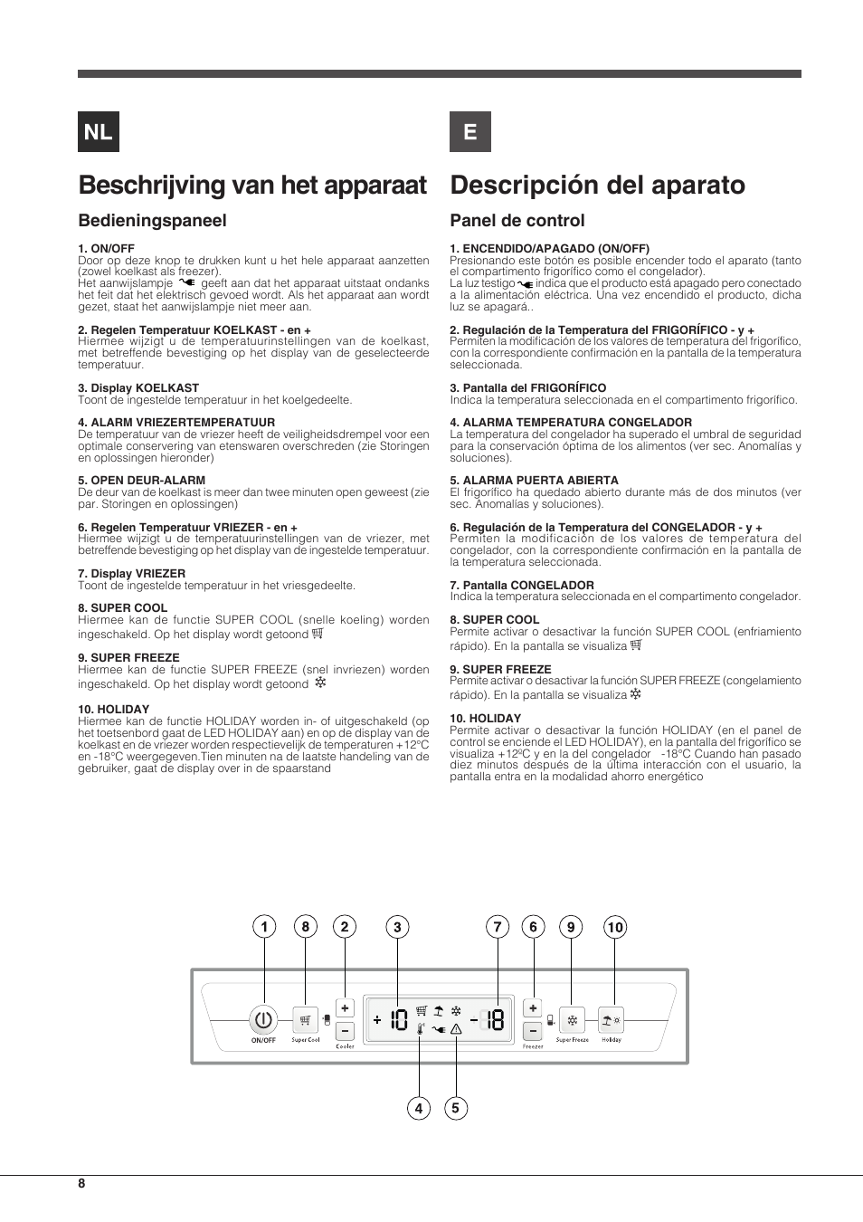 Beschrijving van het apparaat, Descripción del aparato, Bedieningspaneel | Panel de control | Hotpoint Ariston BCB 3xx AA F xx User Manual | Page 8 / 56