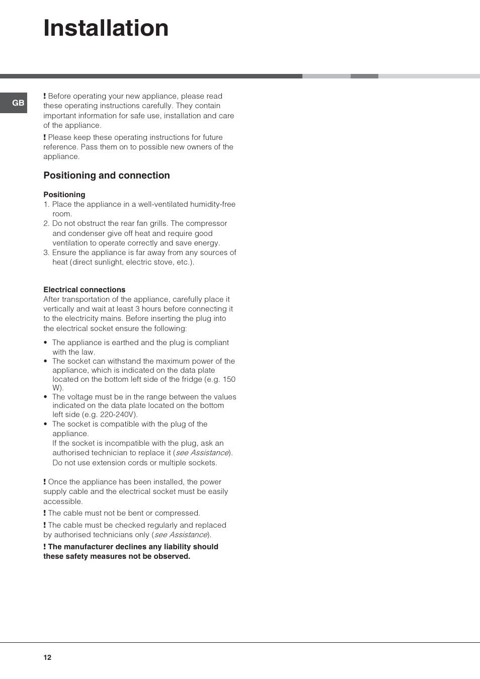 Installation | Hotpoint Ariston Una puerta BSZ 3032 V User Manual | Page 12 / 40