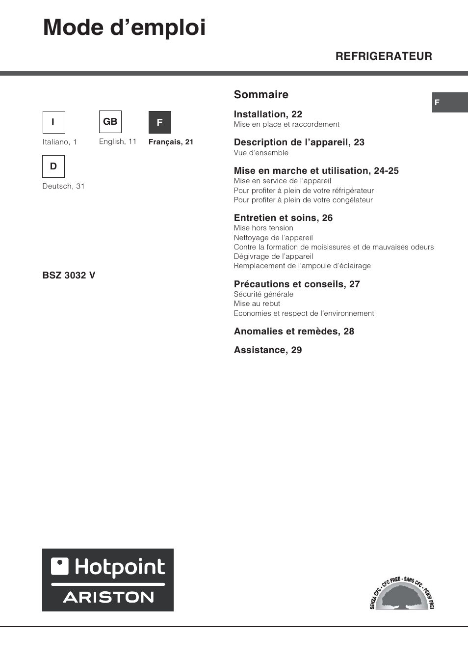 Mode demploi, Refrigerateur, Sommaire | Hotpoint Ariston Una puerta BSZ 3032 V User Manual | Page 21 / 40