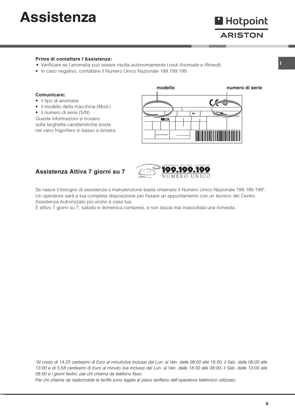 Assistenza, Assistenza attiva 7 giorni su 7 | Hotpoint Ariston Una puerta BSZ 3032 V User Manual | Page 9 / 40