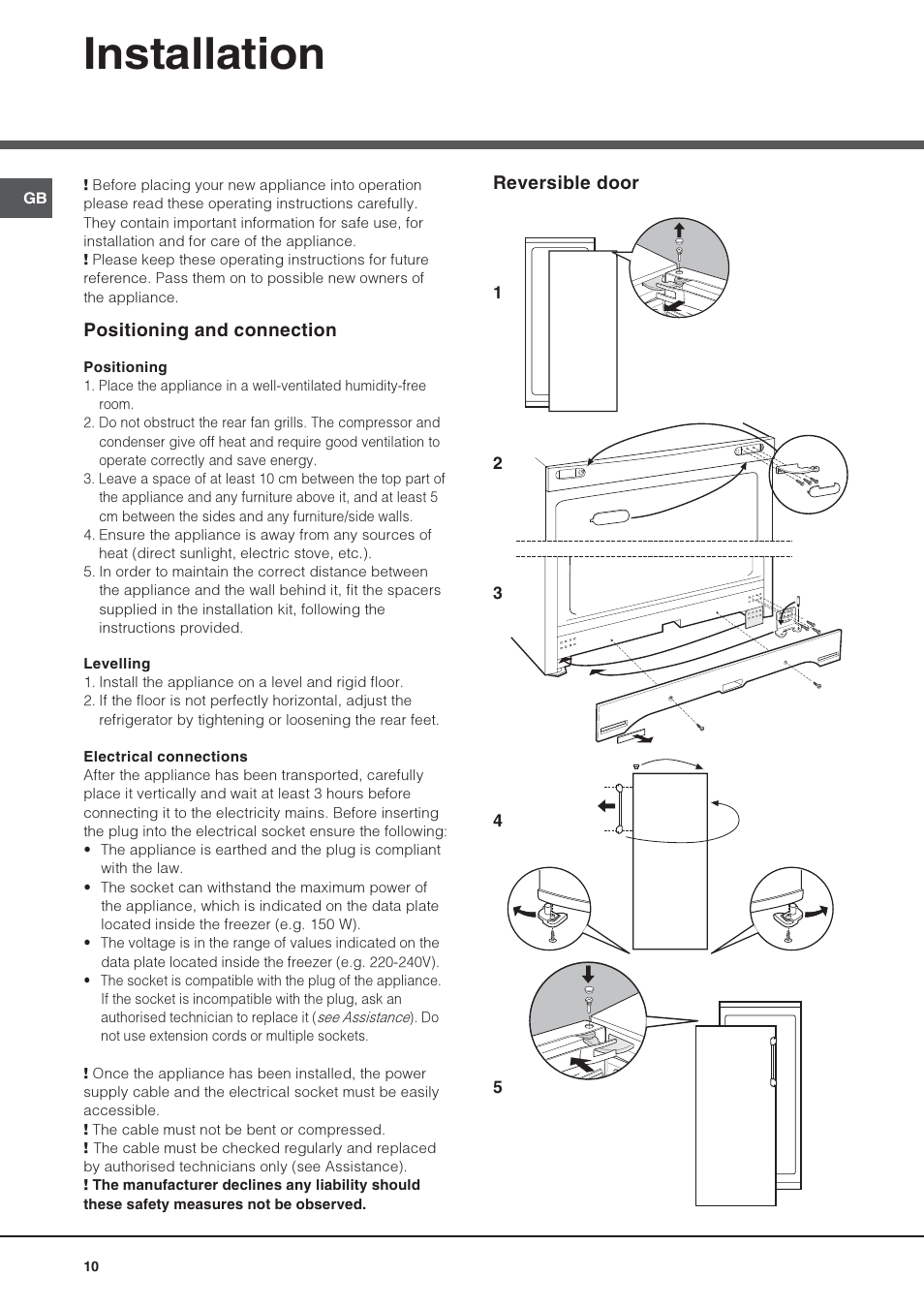 Installation | Hotpoint Ariston UPS 1721 F-HA User Manual | Page 10 / 48