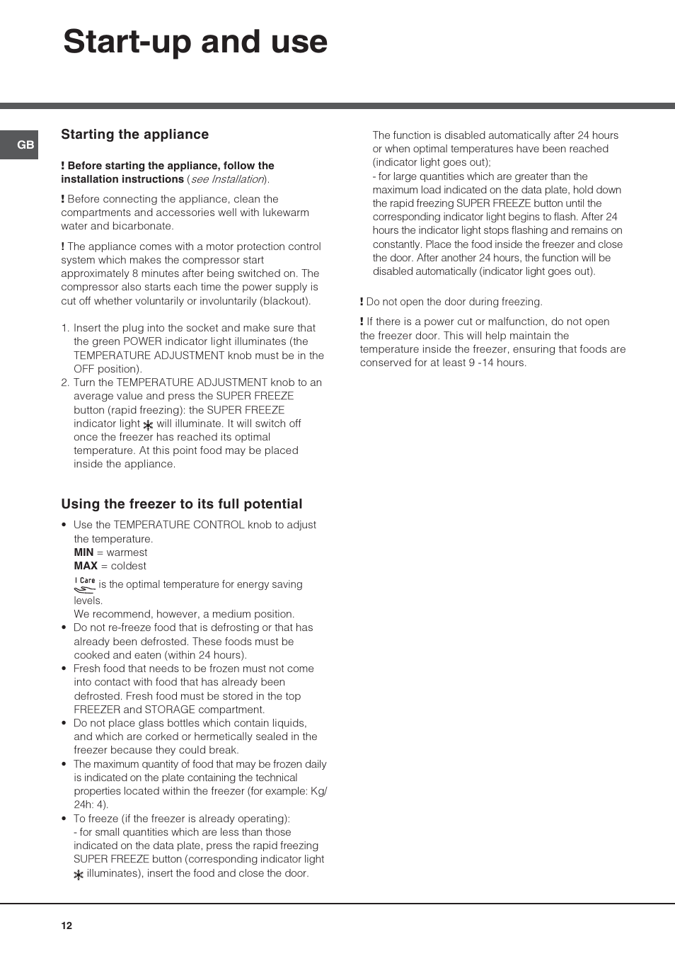 Start-up and use | Hotpoint Ariston UPS 1721 F-HA User Manual | Page 12 / 48