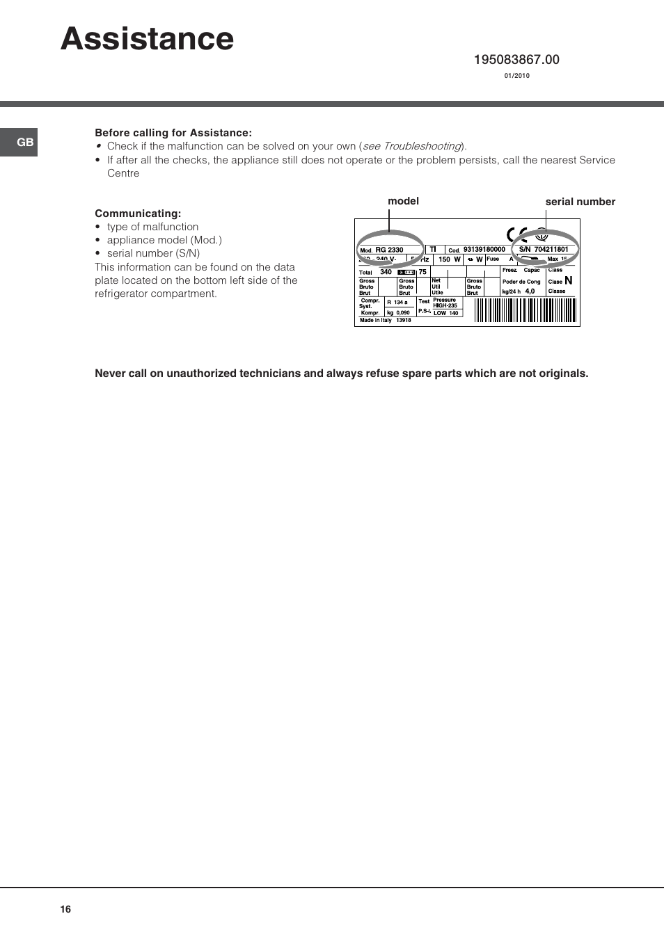 Assistance | Hotpoint Ariston UPS 1721 F-HA User Manual | Page 16 / 48