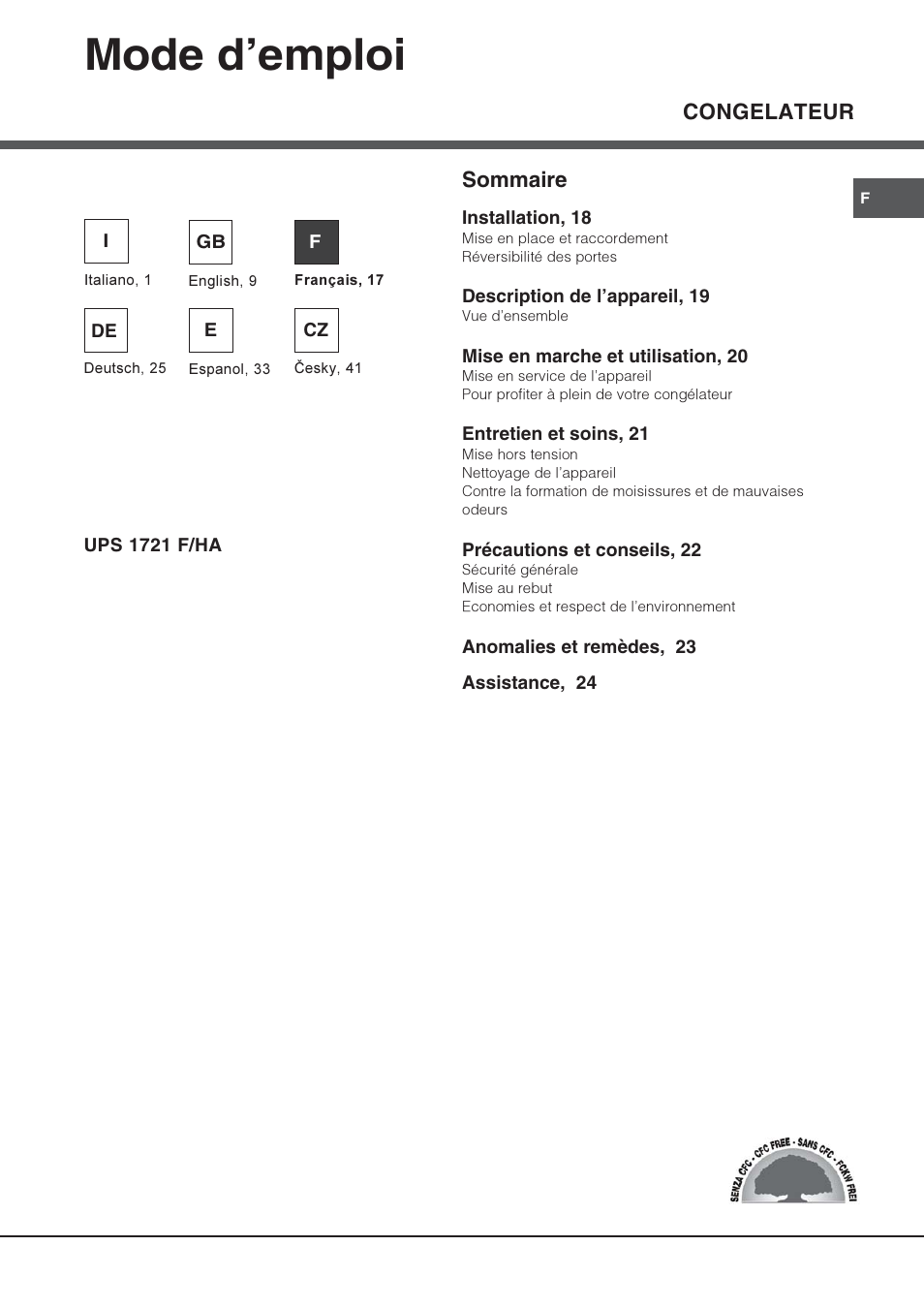 Mode demploi, Congelateur sommaire | Hotpoint Ariston UPS 1721 F-HA User Manual | Page 17 / 48