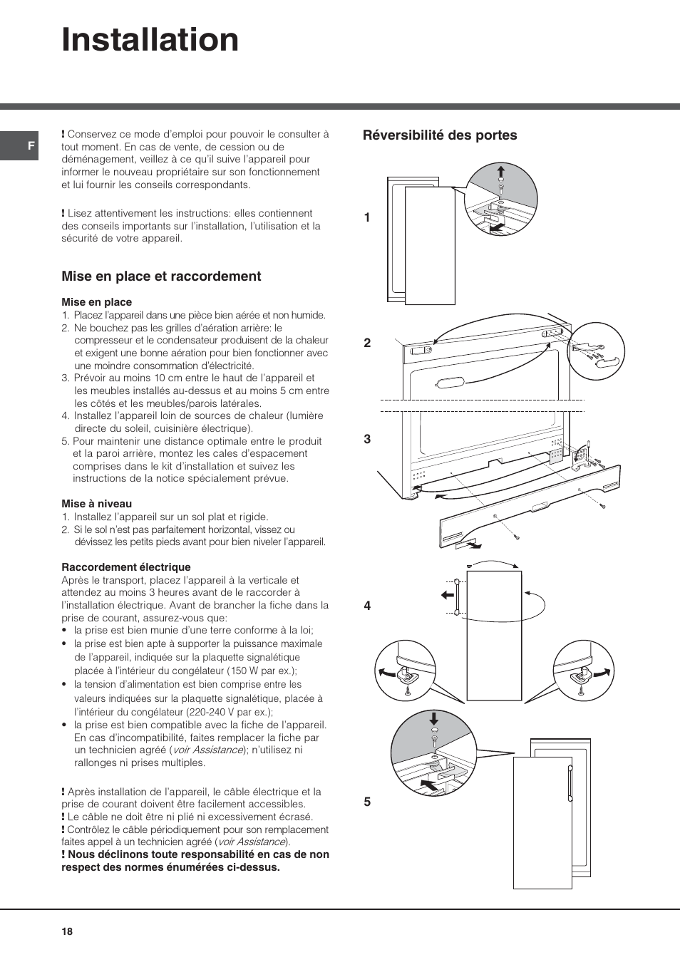 Installation, Mise en place et raccordement, Réversibilité des portes | Hotpoint Ariston UPS 1721 F-HA User Manual | Page 18 / 48