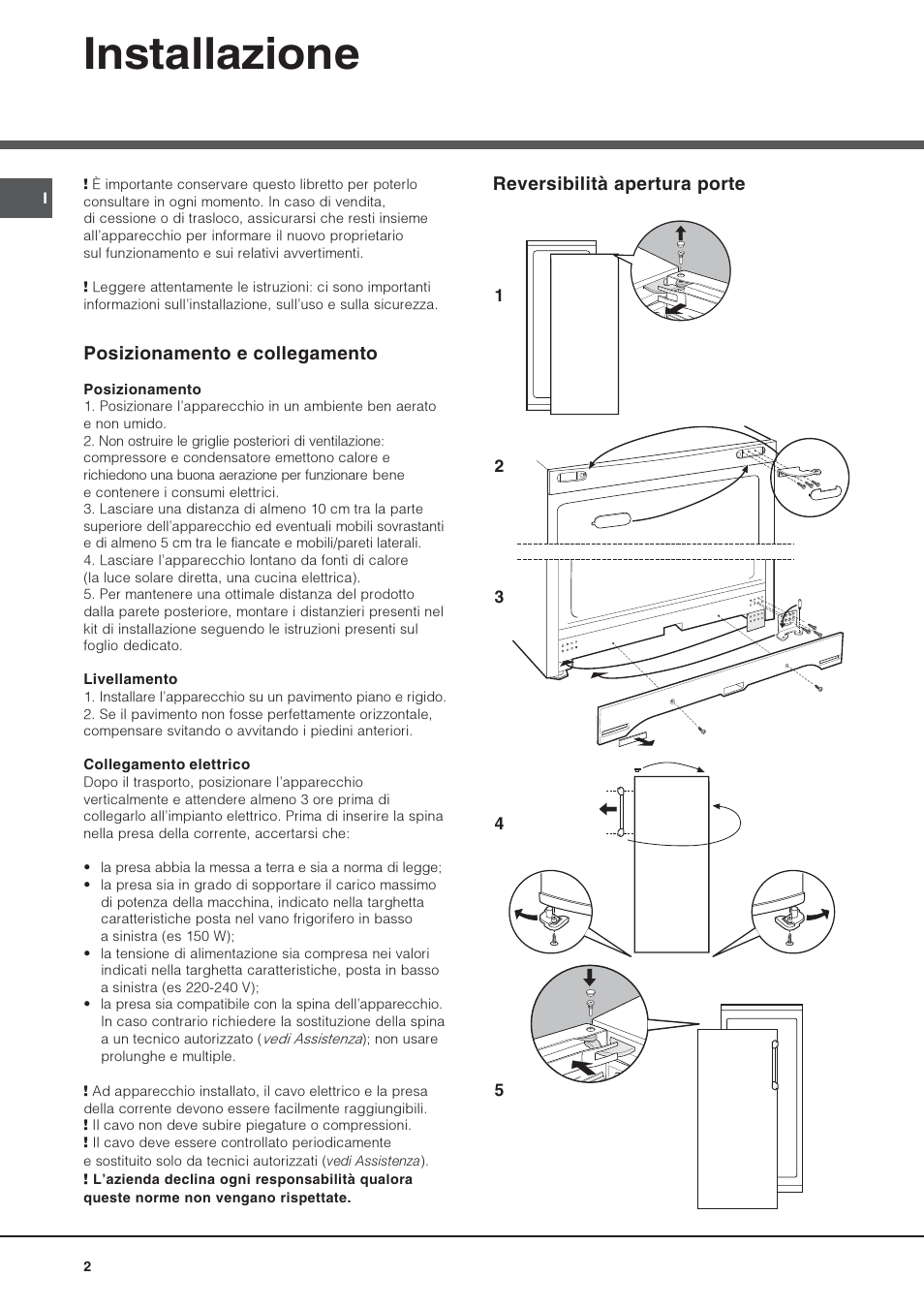 Installazione, Reversibilità apertura porte, Posizionamento e collegamento | Hotpoint Ariston UPS 1721 F-HA User Manual | Page 2 / 48