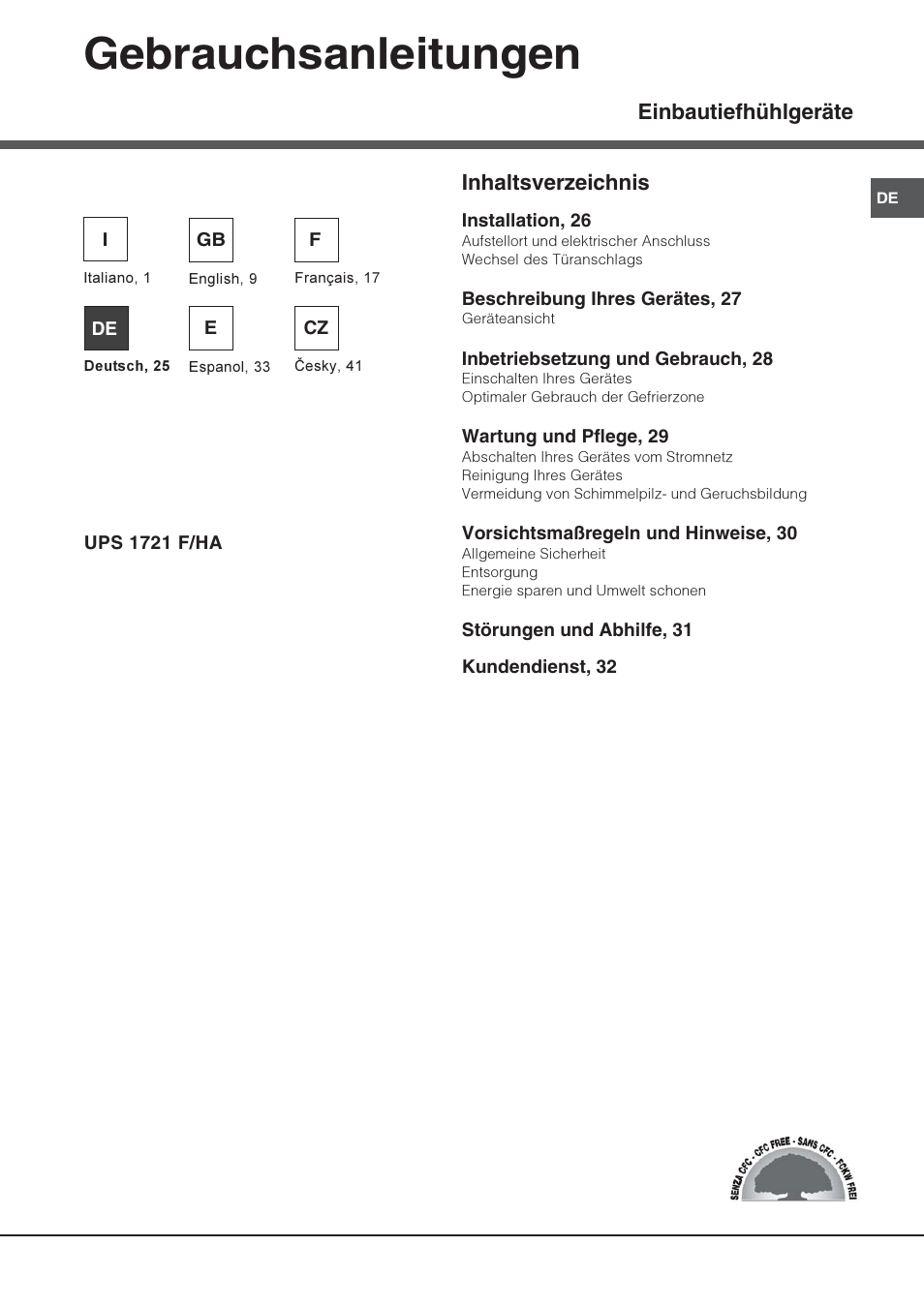 Gebrauchsanleitungen, Einbautiefhühlgeräte inhaltsverzeichnis | Hotpoint Ariston UPS 1721 F-HA User Manual | Page 25 / 48