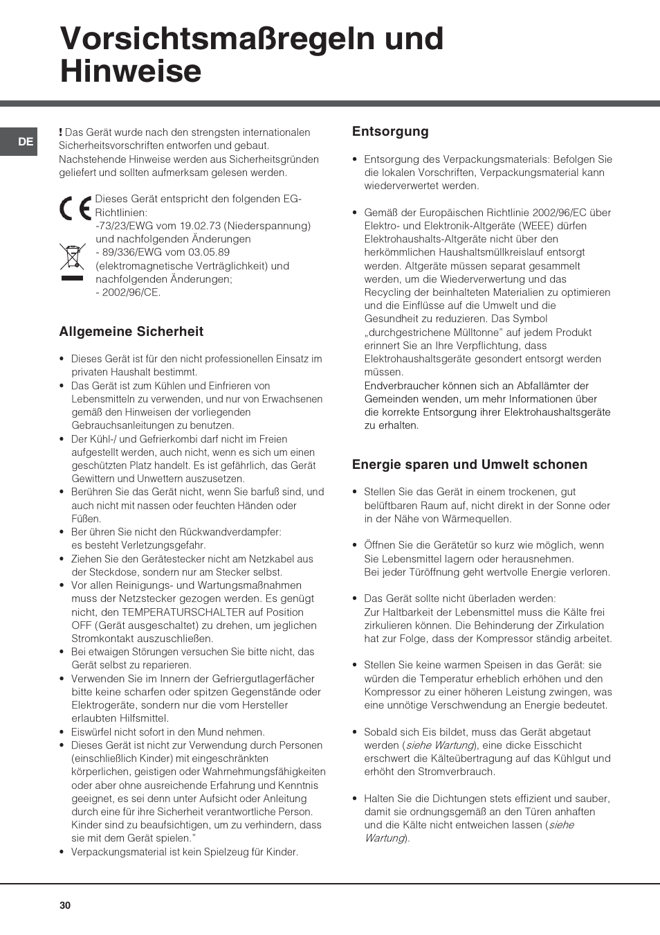 Vorsichtsmaßregeln und hinweise | Hotpoint Ariston UPS 1721 F-HA User Manual | Page 30 / 48