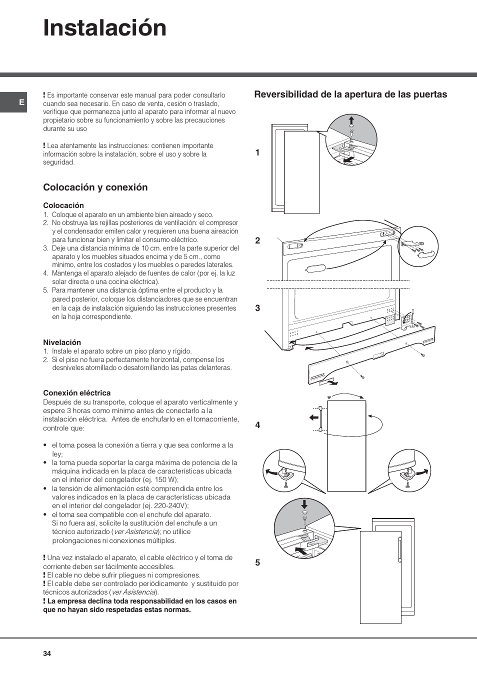 Instalación, Colocación y conexión, Reversibilidad de la apertura de las puertas | Hotpoint Ariston UPS 1721 F-HA User Manual | Page 34 / 48